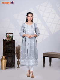 Rayon readymade umbrella kurti pastel grey with embroidery work neck pattern without pant