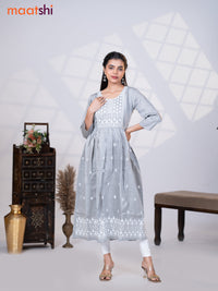 Rayon readymade umbrella kurti pastel grey with embroidery work neck pattern without pant