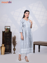 Rayon readymade umbrella kurti pastel grey with embroidery work neck pattern without pant