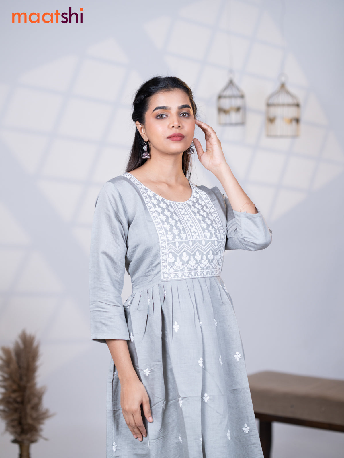 Rayon readymade umbrella kurti pastel grey with embroidery work neck pattern without pant