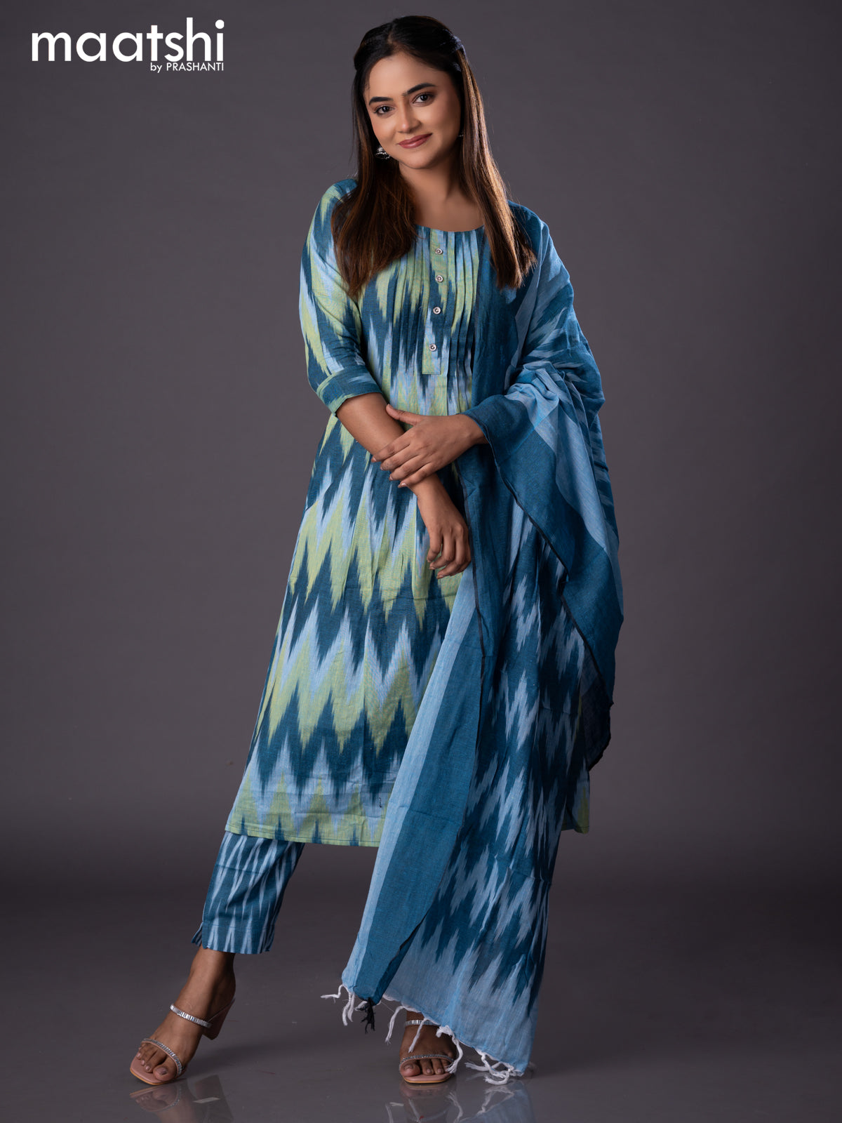 Cotton readymade A-line salwar suit peacock blue and green shade with allover ikat weaves & simple neck pattern and straight cut pant & cotton dupatta