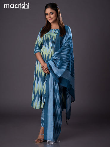 Cotton readymade A-line salwar suit peacock blue and green shade with allover ikat weaves & simple neck pattern and straight cut pant & cotton dupatta