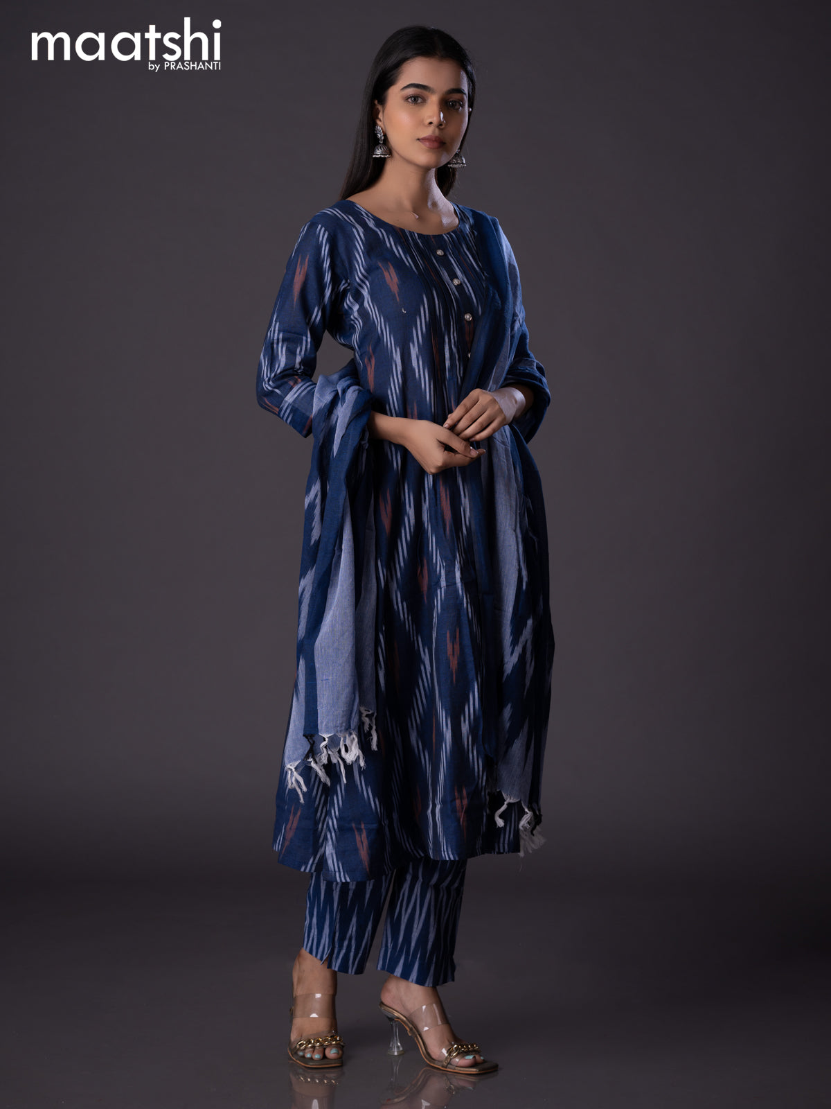 Cotton readymade A-line salwar suit blue with allover ikat weaves & simple neck pattern and straight cut pant & cotton dupatta