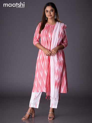 Cotton readymade A-line salwar suit red shade and off white with allover ikat weaves & simple neck pattern and straight cut pant & cotton dupatta