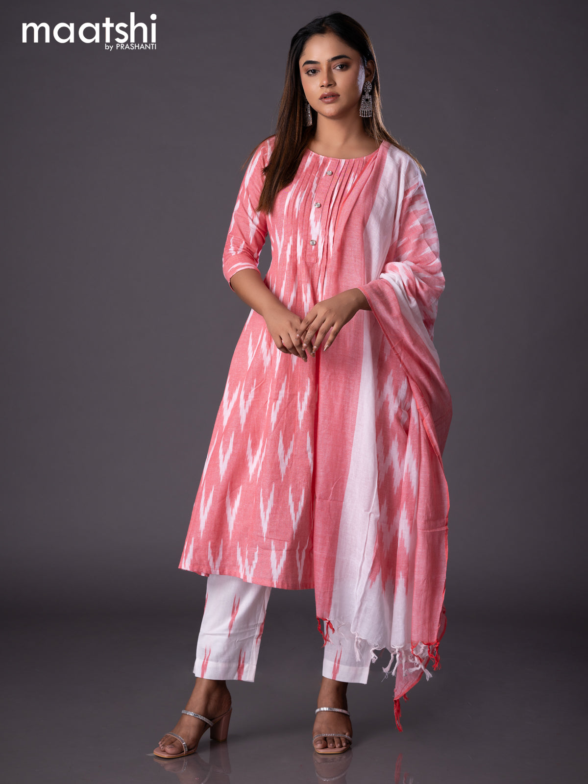 Cotton readymade A-line salwar suit red shade and off white with allover ikat weaves & simple neck pattern and straight cut pant & cotton dupatta