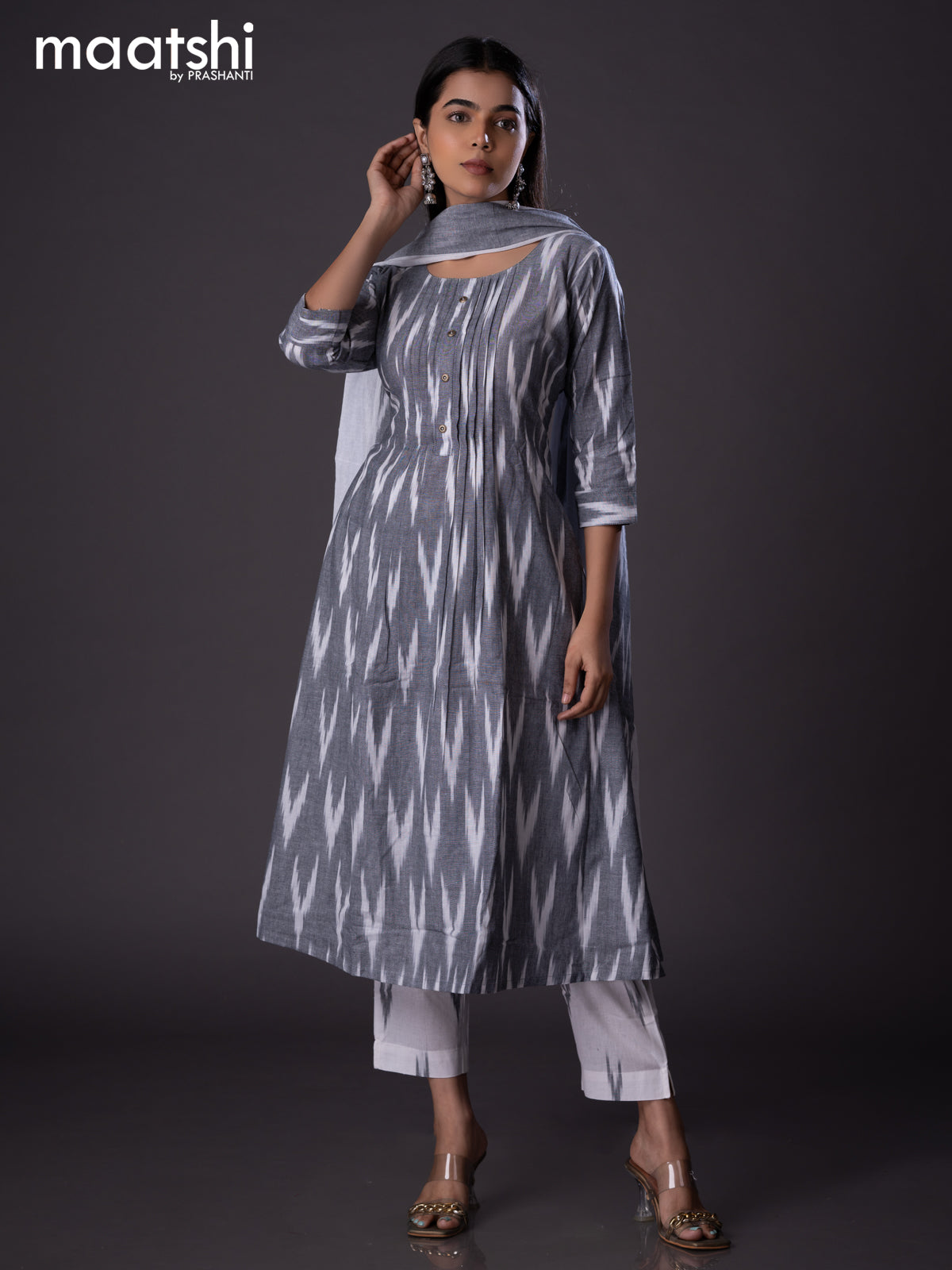 Cotton readymade A-line salwar suit grey and off white with allover ikat weaves & simple neck pattern and straight cut pant & cotton dupatta