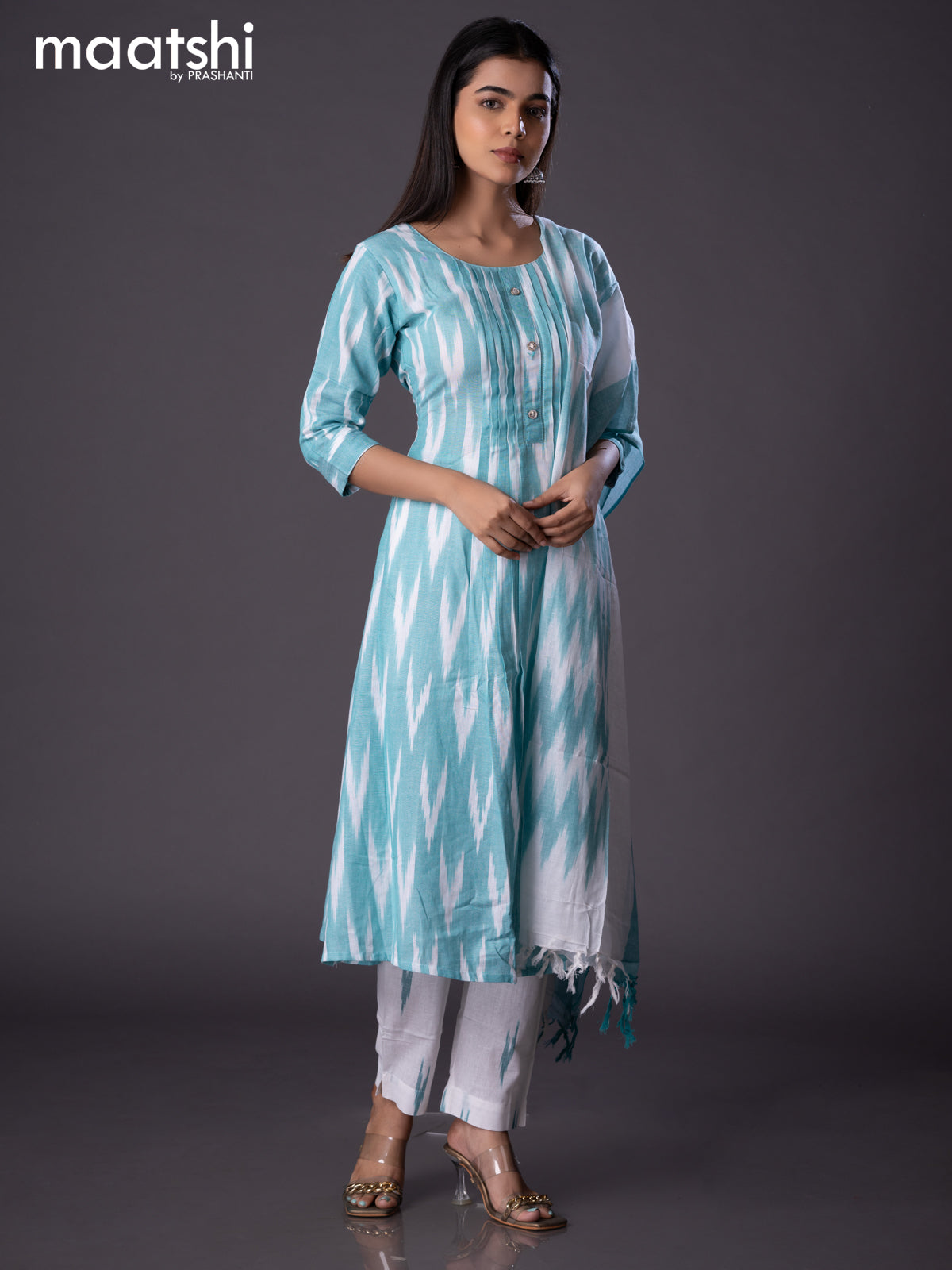 Cotton readymade A-line salwar suit teal green and off white with allover ikat weaves & simple neck pattern and straight cut pant & cotton dupatta