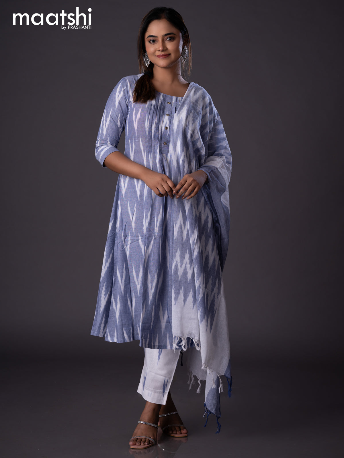 Cotton readymade A-line salwar suit blue shade and off white with allover ikat weaves & simple neck pattern and straight cut pant & cotton dupatta