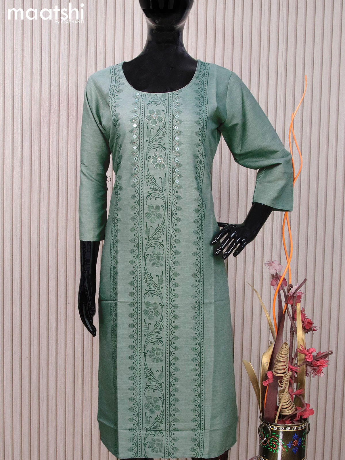 Rayon readymade kurti grey with allover prints & mirror work neck pattern without pant