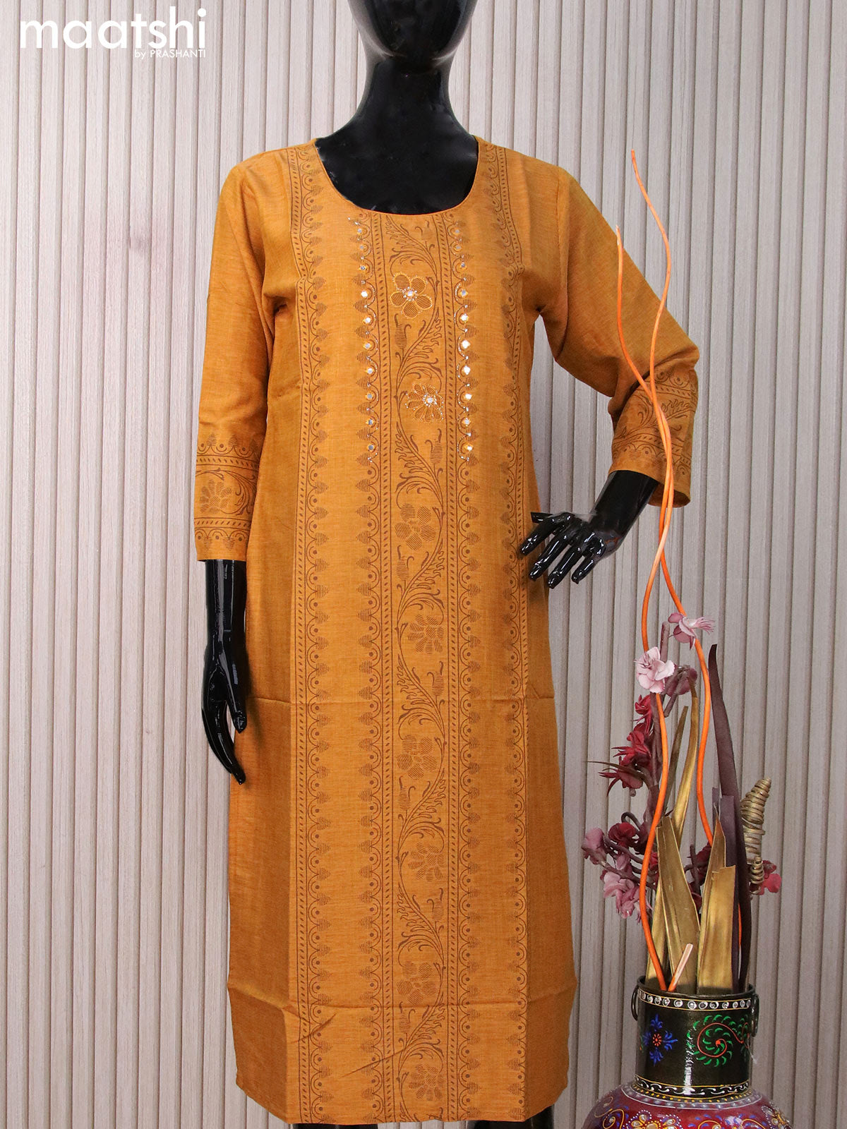 Rayon readymade kurti dark mustard with allover prints & mirror work neck pattern without pant