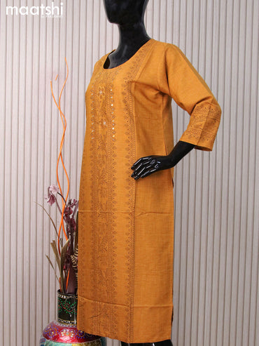 Rayon readymade kurti dark mustard with allover prints & mirror work neck pattern without pant