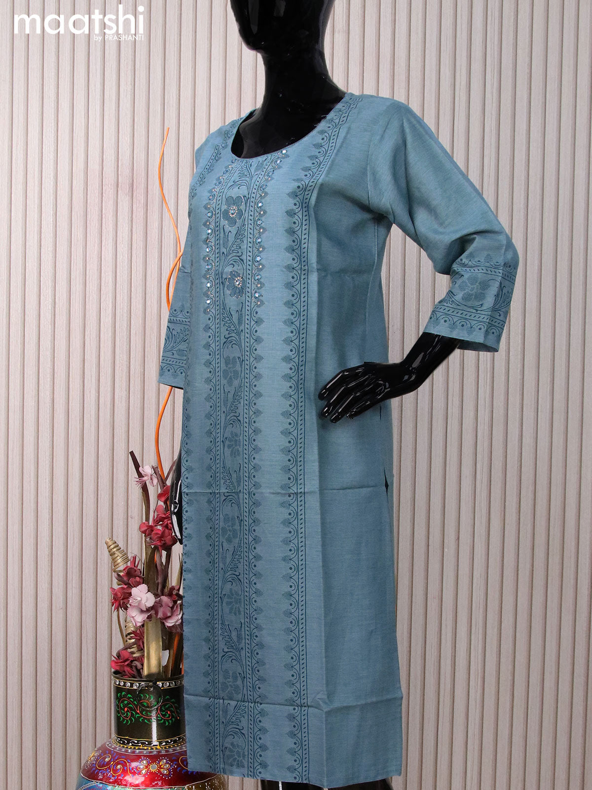 Rayon readymade kurti pastel blue shade with allover prints & mirror work neck pattern without pant