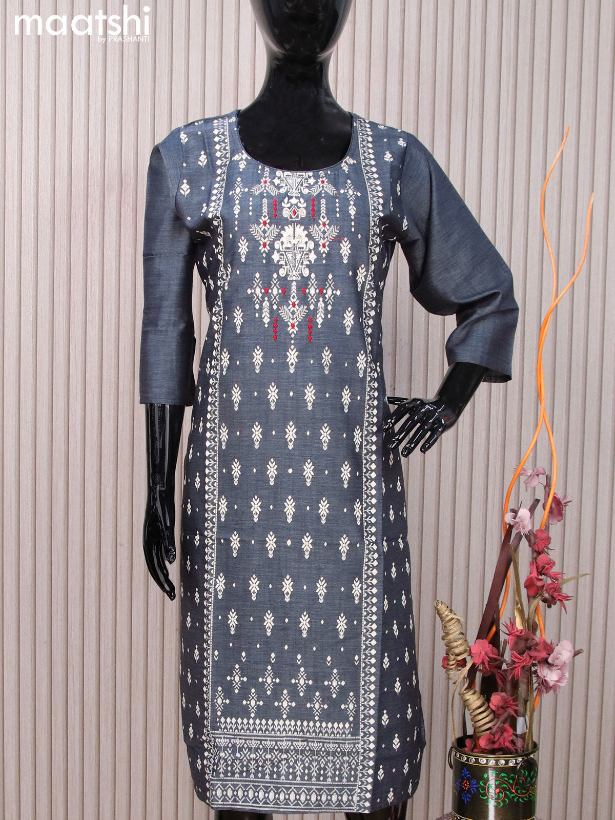 Rayon readymade kurti dark grey with allover prints & embroidery work neck pattern without pant