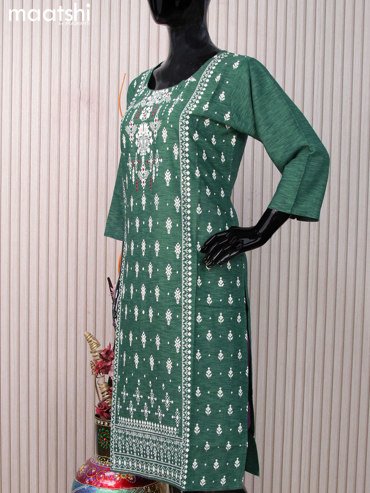 Rayon readymade kurti green with allover prints & embroidery work neck pattern without pant