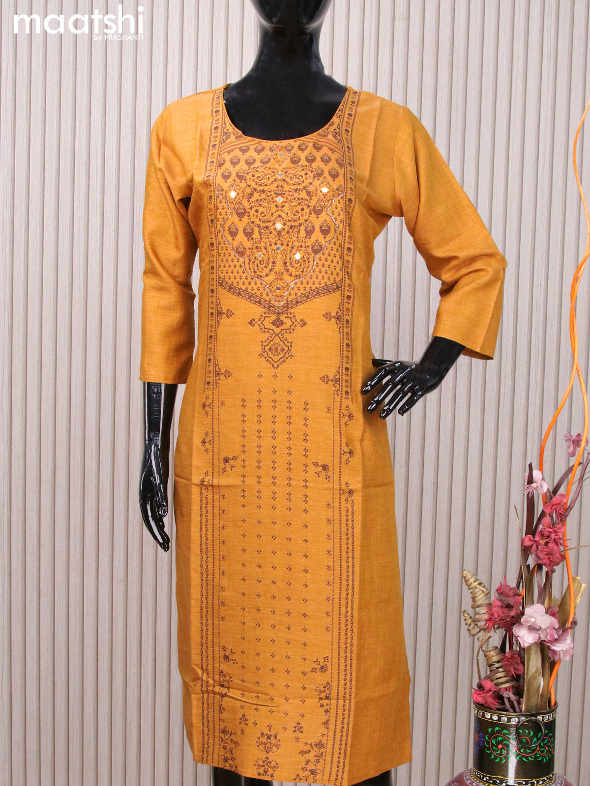 Rayon readymade kurti dark mustard with allover prints & mirror work neck pattern without pant