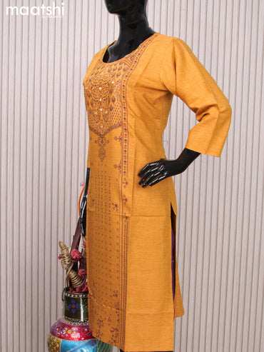 Rayon readymade kurti dark mustard with allover prints & mirror work neck pattern without pant