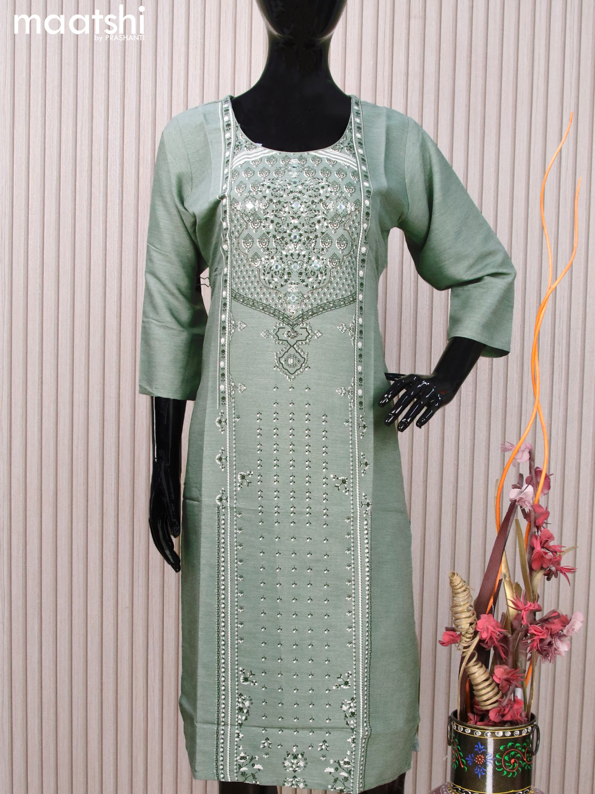 Rayon readymade kurti grey shade with allover prints & mirror work neck pattern without pant