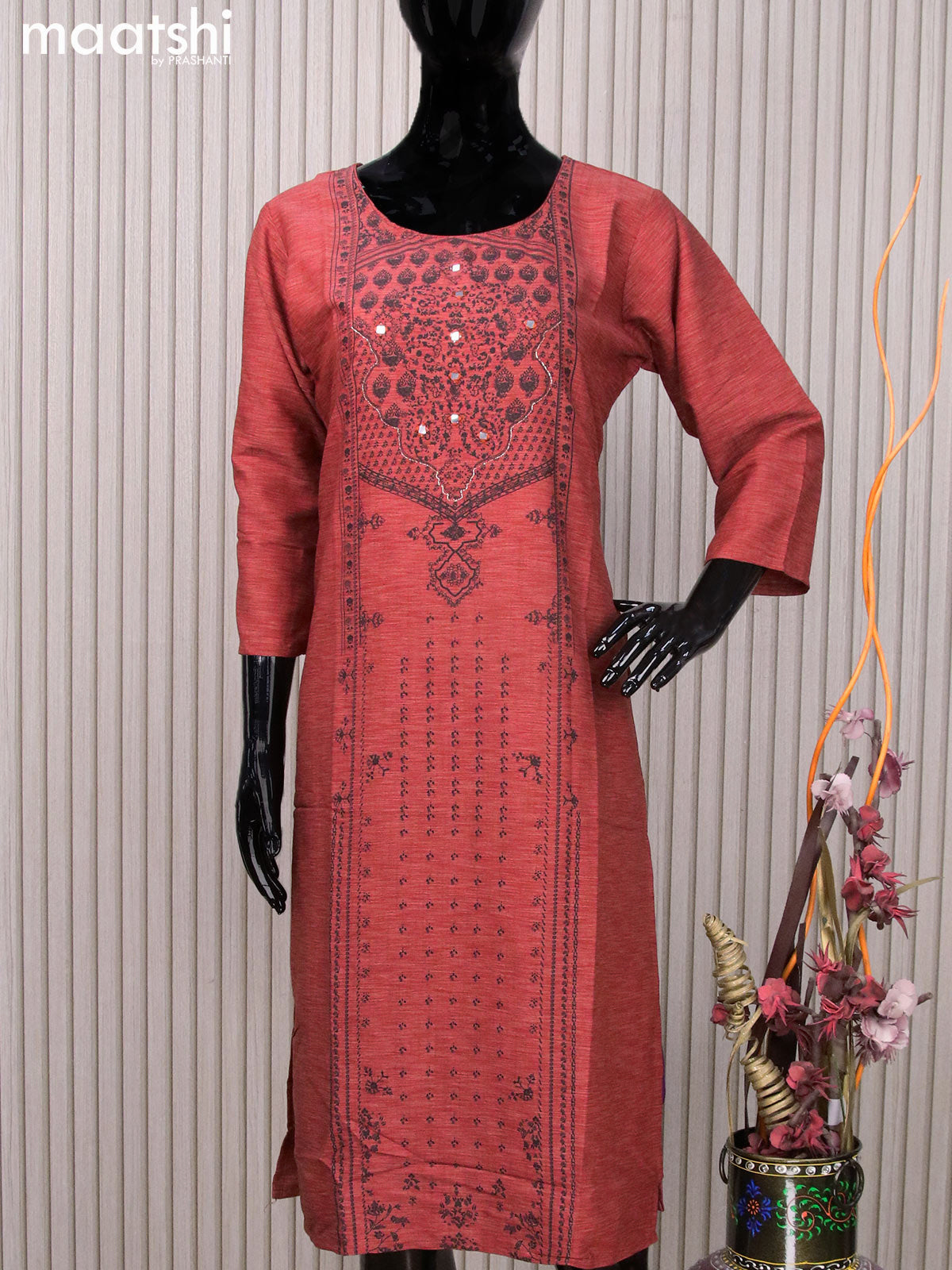 Rayon readymade kurti maroon shade with allover prints & mirror work neck pattern without pant