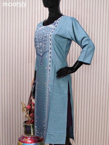 Rayon readymade kurti pastel blue shade with allover prints & mirror work neck pattern without pant