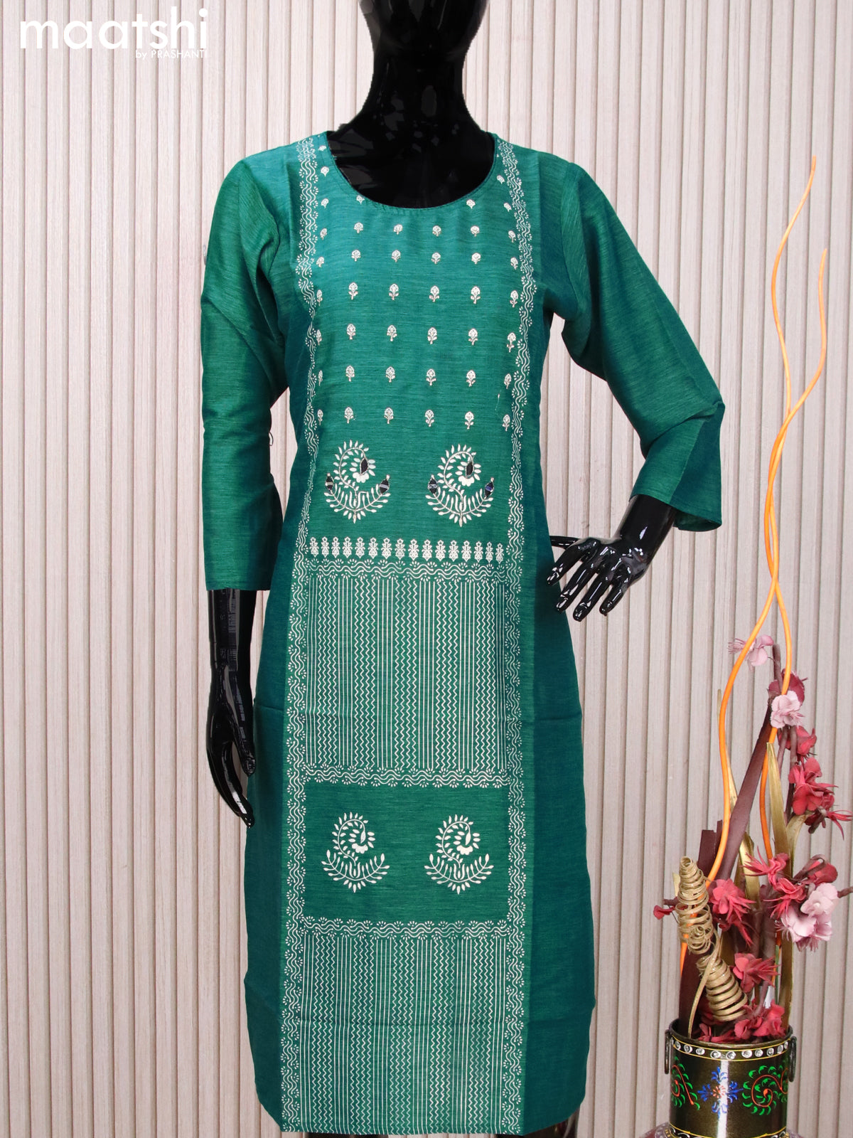 Rayon readymade kurti peacock green with allover prints & embroidery work neck pattern without pant