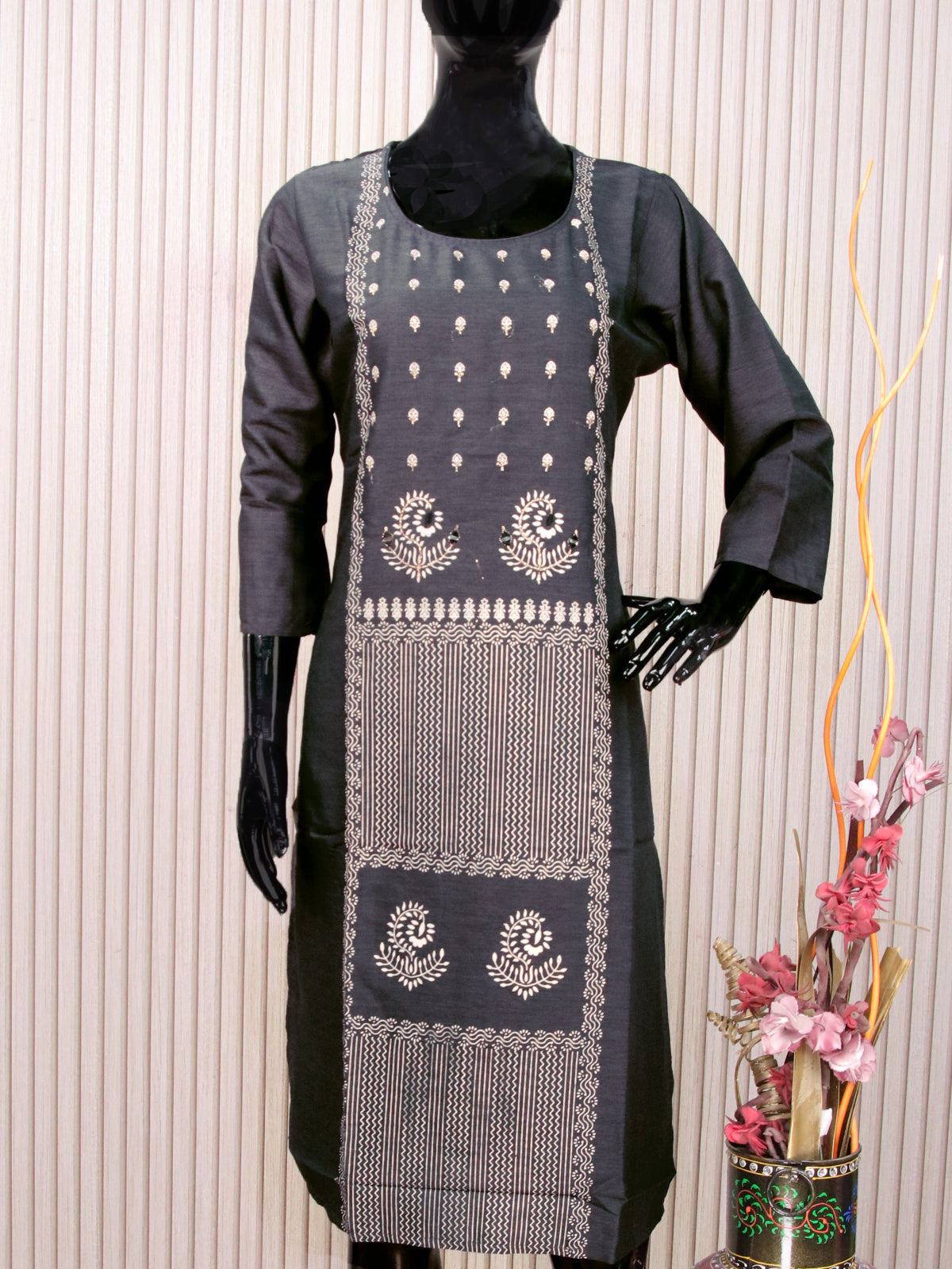 Rayon readymade kurti elephant grey with allover prints & embroidery work neck pattern without pant