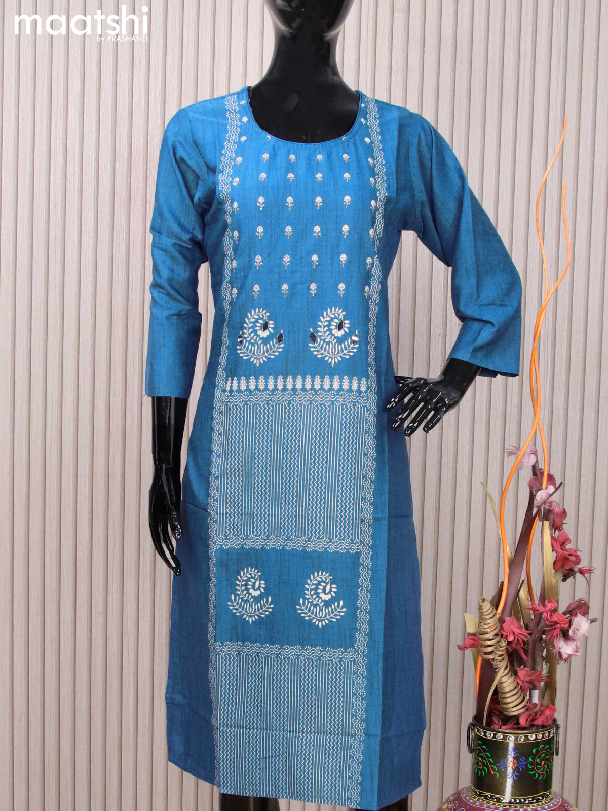 Rayon readymade kurti blue with allover prints & embroidery work neck pattern without pant