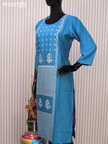 Rayon readymade kurti blue with allover prints & embroidery work neck pattern without pant