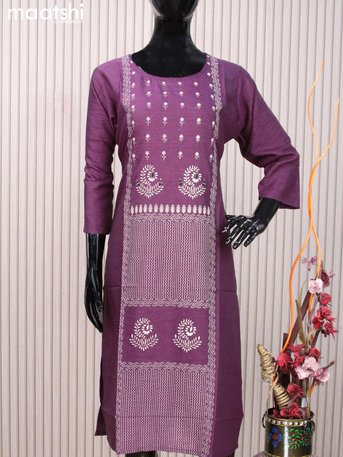 Rayon readymade kurti purple with allover prints & embroidery work neck pattern without pant