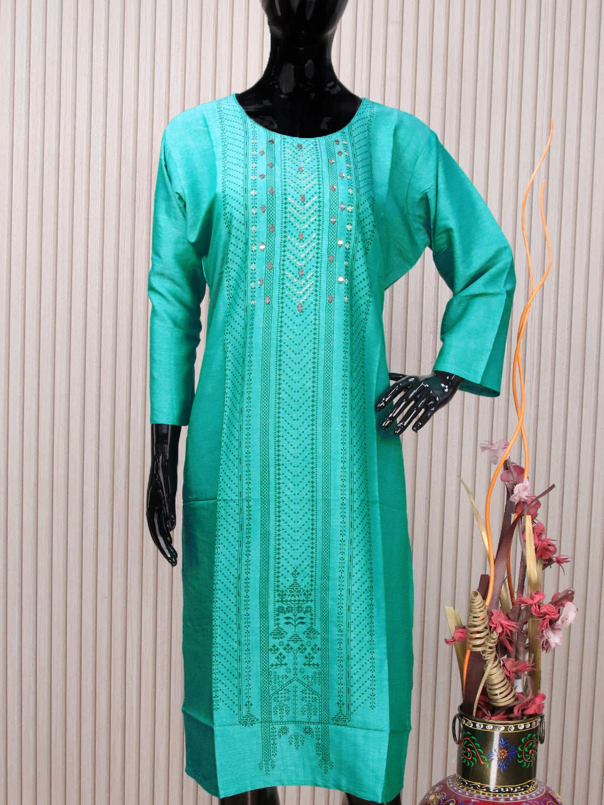 Rayon readymade kurti teal blue with allover prints & mirror work neck pattern without pant