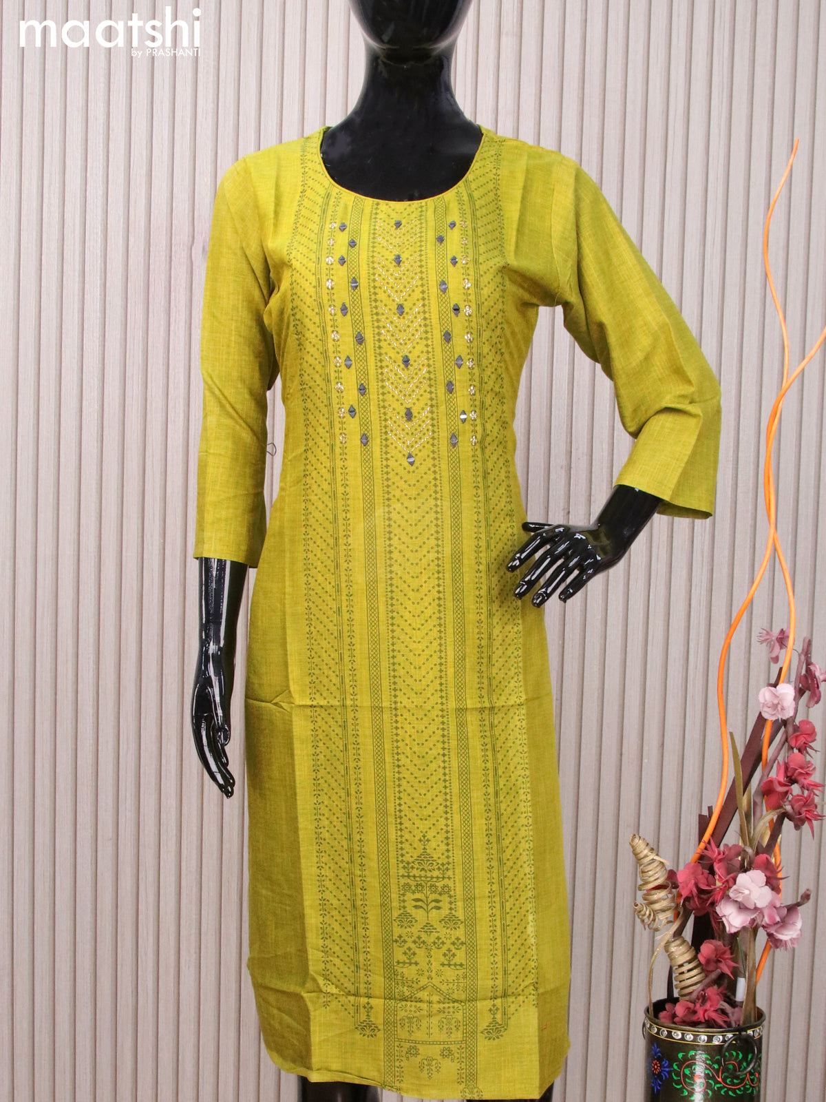 Rayon readymade kurti lime green with allover prints & mirror work neck pattern without pant