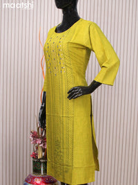 Rayon readymade kurti lime green with allover prints & mirror work neck pattern without pant