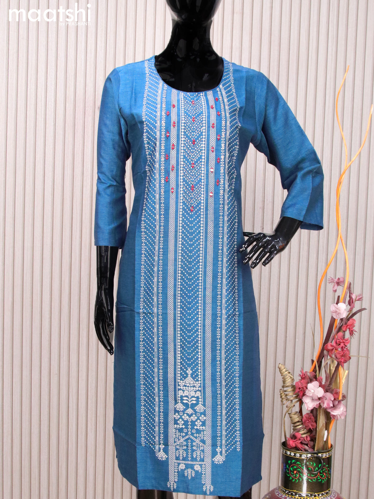 Rayon readymade kurti blue with allover prints & mirror work neck pattern without pant