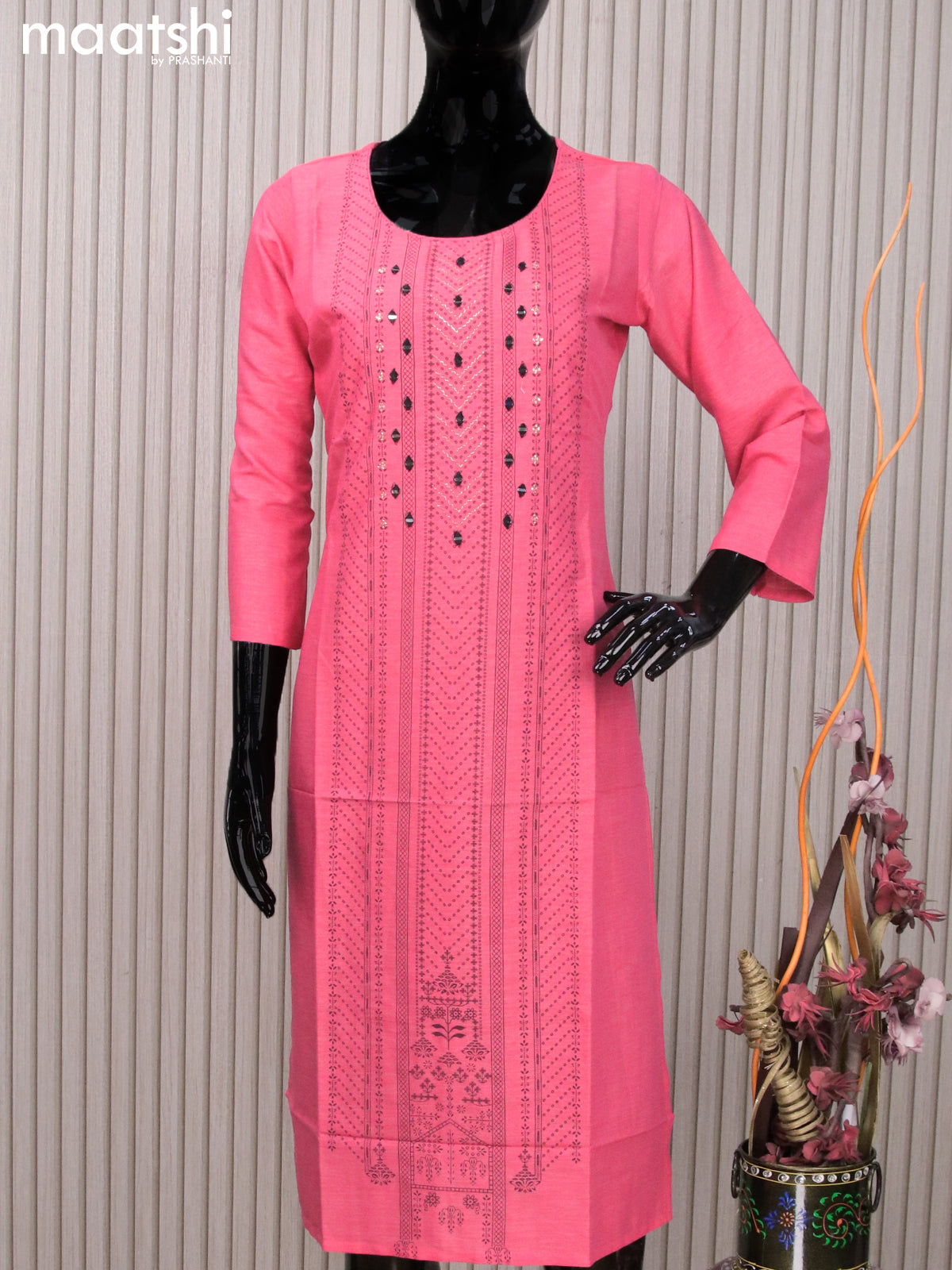 Rayon readymade kurti pink with allover prints & mirror work neck pattern without pant