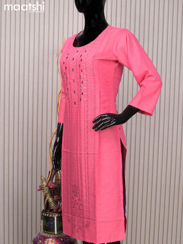 Rayon readymade kurti pink with allover prints & mirror work neck pattern without pant