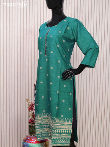 Rayon readymade kurti peacock green with allover prints & mirror work neck pattern without pant