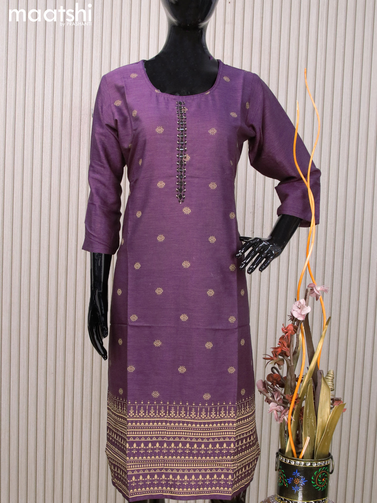 Rayon readymade kurti purple with allover prints & mirror work neck pattern without pant