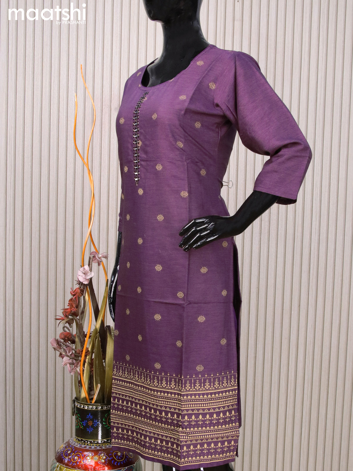 Rayon readymade kurti purple with allover prints & mirror work neck pattern without pant