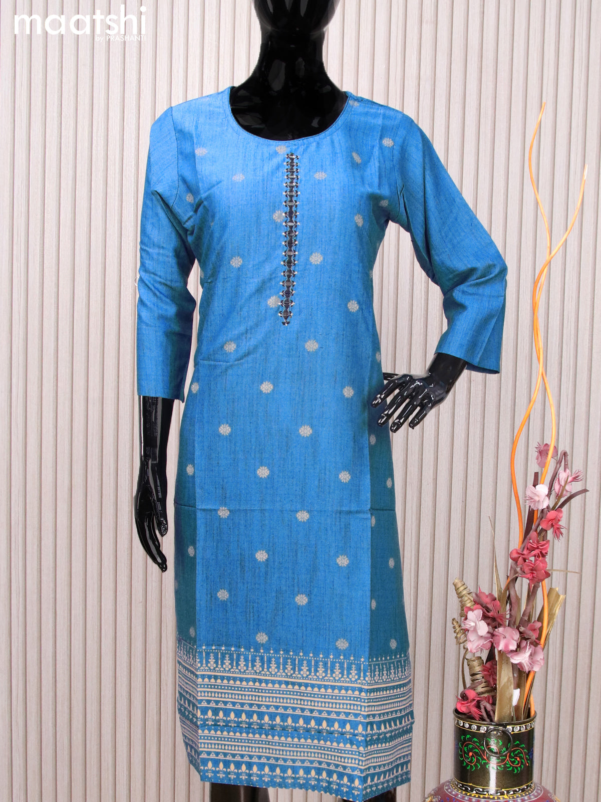 Rayon readymade kurti blue with allover prints & mirror work neck pattern without pant