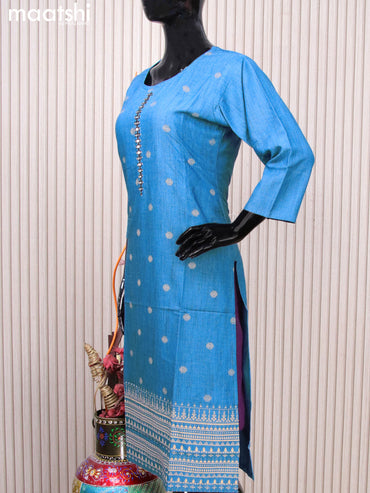 Rayon readymade kurti blue with allover prints & mirror work neck pattern without pant