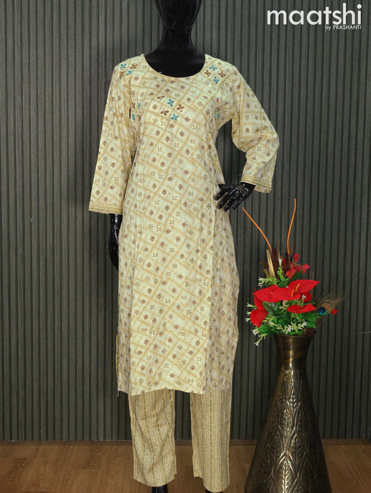 Rayon readymade kurti set elachi green with allover prints & embroidery mirror work neck pattern and straight cut pant