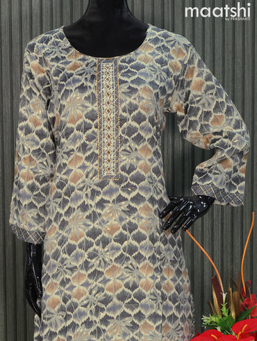 Rayon readymade kurti set grey with allover prints & embroidery sequin work neck pattern and straight cut pant