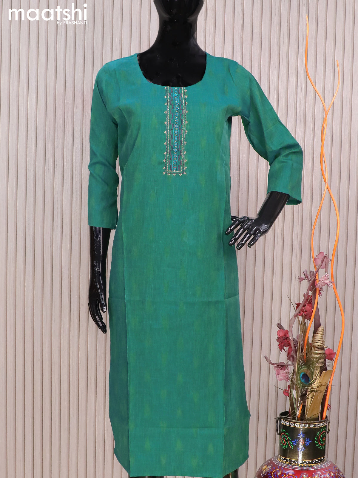 Rayon readymade kurti teal green with allover thread weaves & mirror embroidery neck pattern without pant