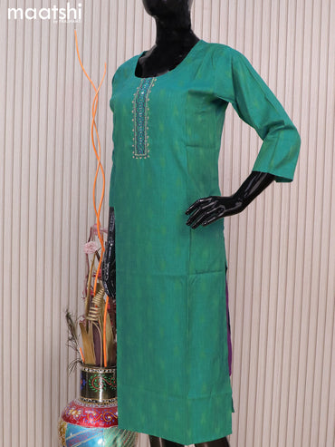 Rayon readymade kurti teal green with allover thread weaves & mirror embroidery neck pattern without pant