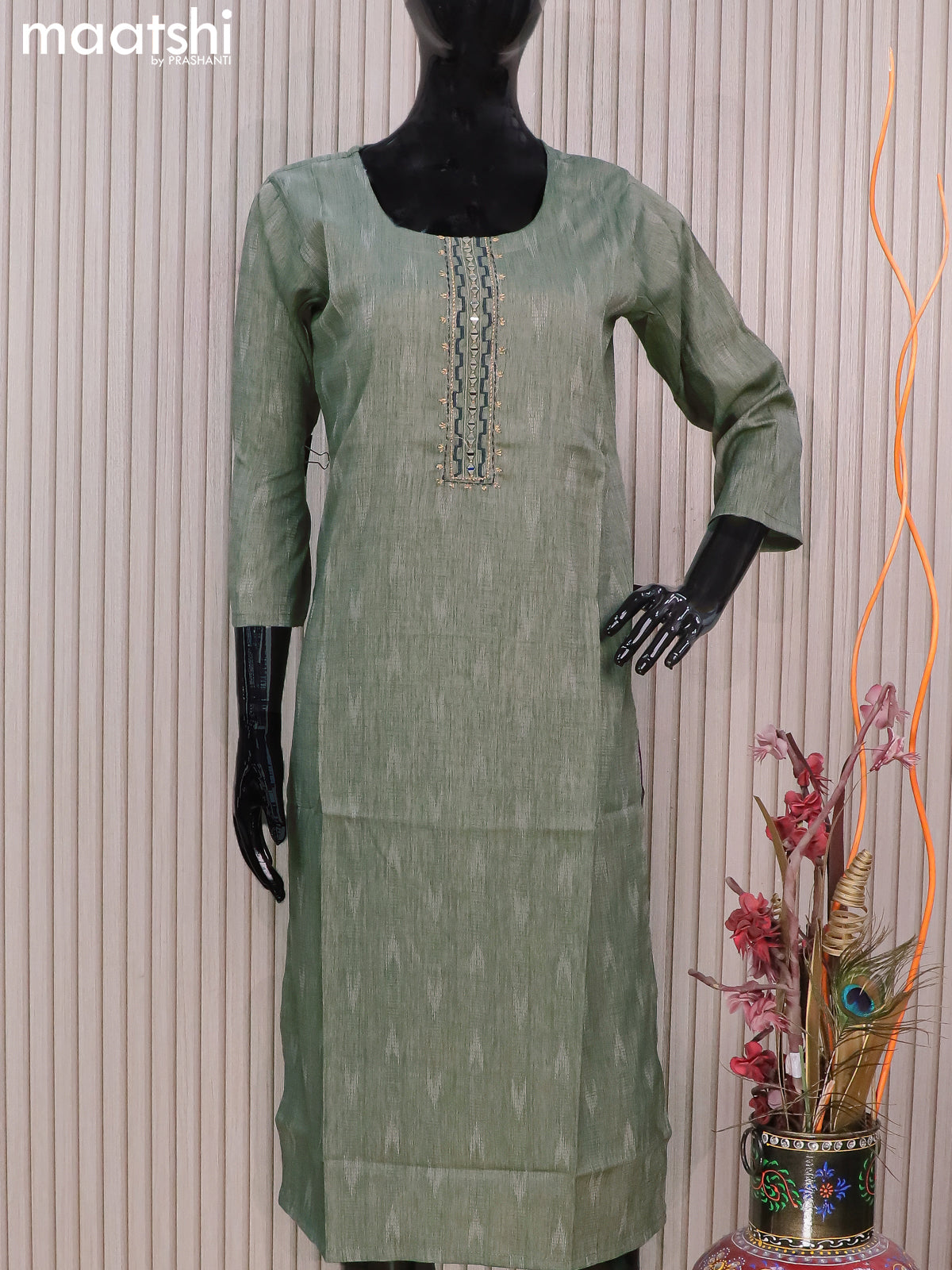 Rayon readymade kurti greyish green shade with allover thread weaves & mirror embroidery neck pattern without pant