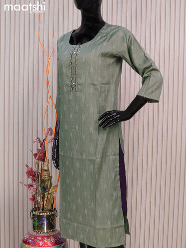 Rayon readymade kurti greyish green shade with allover thread weaves & mirror embroidery neck pattern without pant