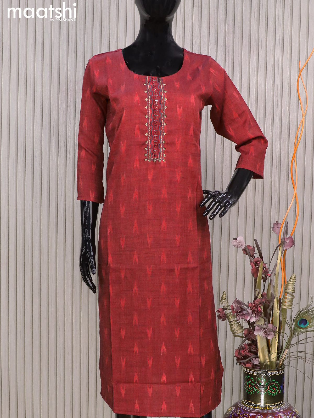 Rayon readymade kurti maroon with allover thread weaves & mirror embroidery neck pattern without pant