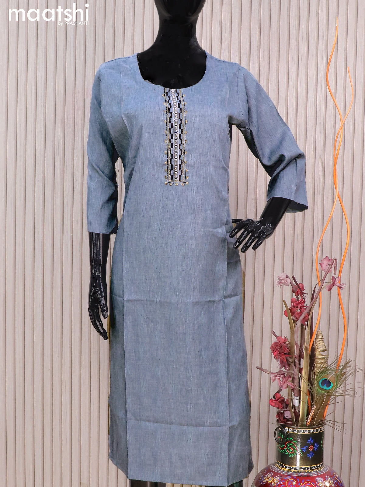 Rayon readymade kurti grey with allover thread weaves & mirror embroidery neck pattern without pant