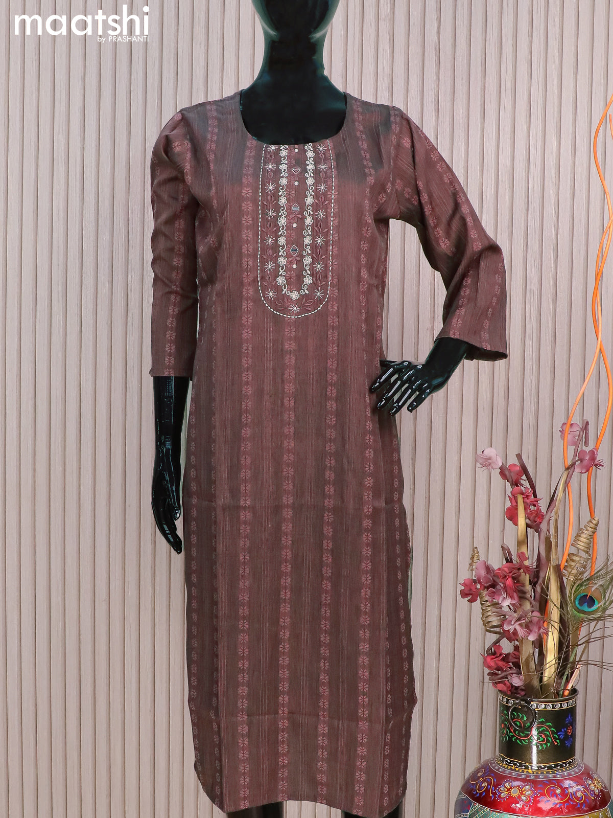 Rayon readymade kurti rosy brown with allover thread weaves & mirror embroidery neck pattern without pant