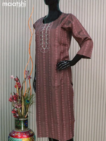 Rayon readymade kurti rosy brown with allover thread weaves & mirror embroidery neck pattern without pant