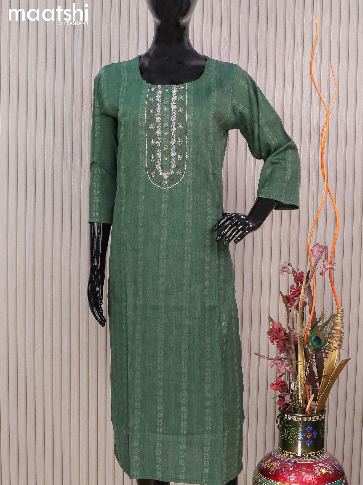 Rayon readymade kurti bottle green with allover thread weaves & mirror embroidery neck pattern without pant